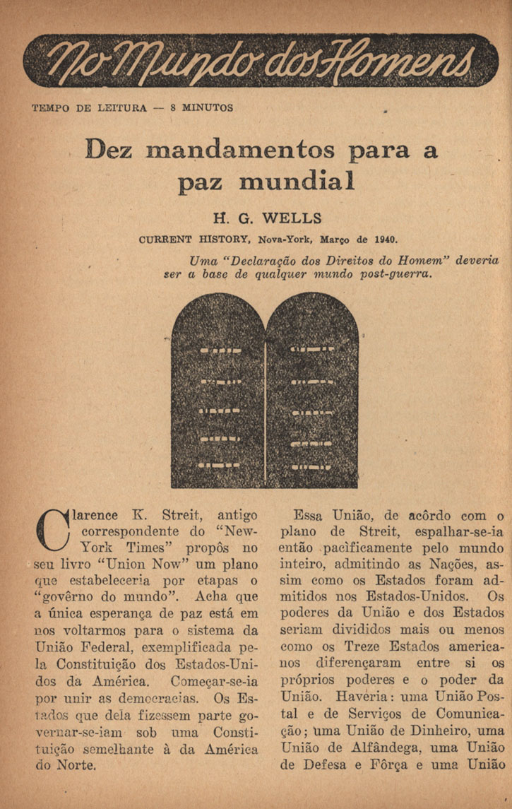 WEELS, H. G. Dez mandamentos para a paz mundial. Hoje, São Paulo, n. 28, p. 28-34, mai. 1940.