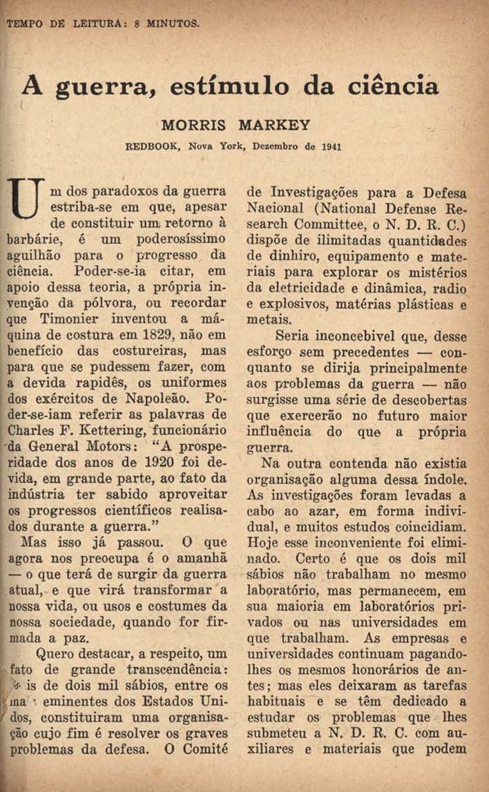 MERKEY, Morris. A guerra, estímulo da ciência. Hoje, São Paulo, n. 49, p. 71-75, fev. 1942.