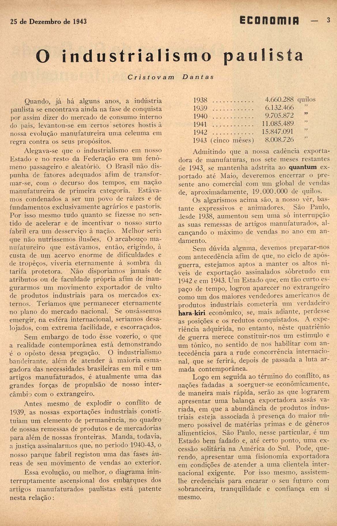 DANTAS, Cristovam. O INDUSTRIALISMO paulista. Economia, Rio de Janeiro, n. 55, p. 3, dez. 1943.