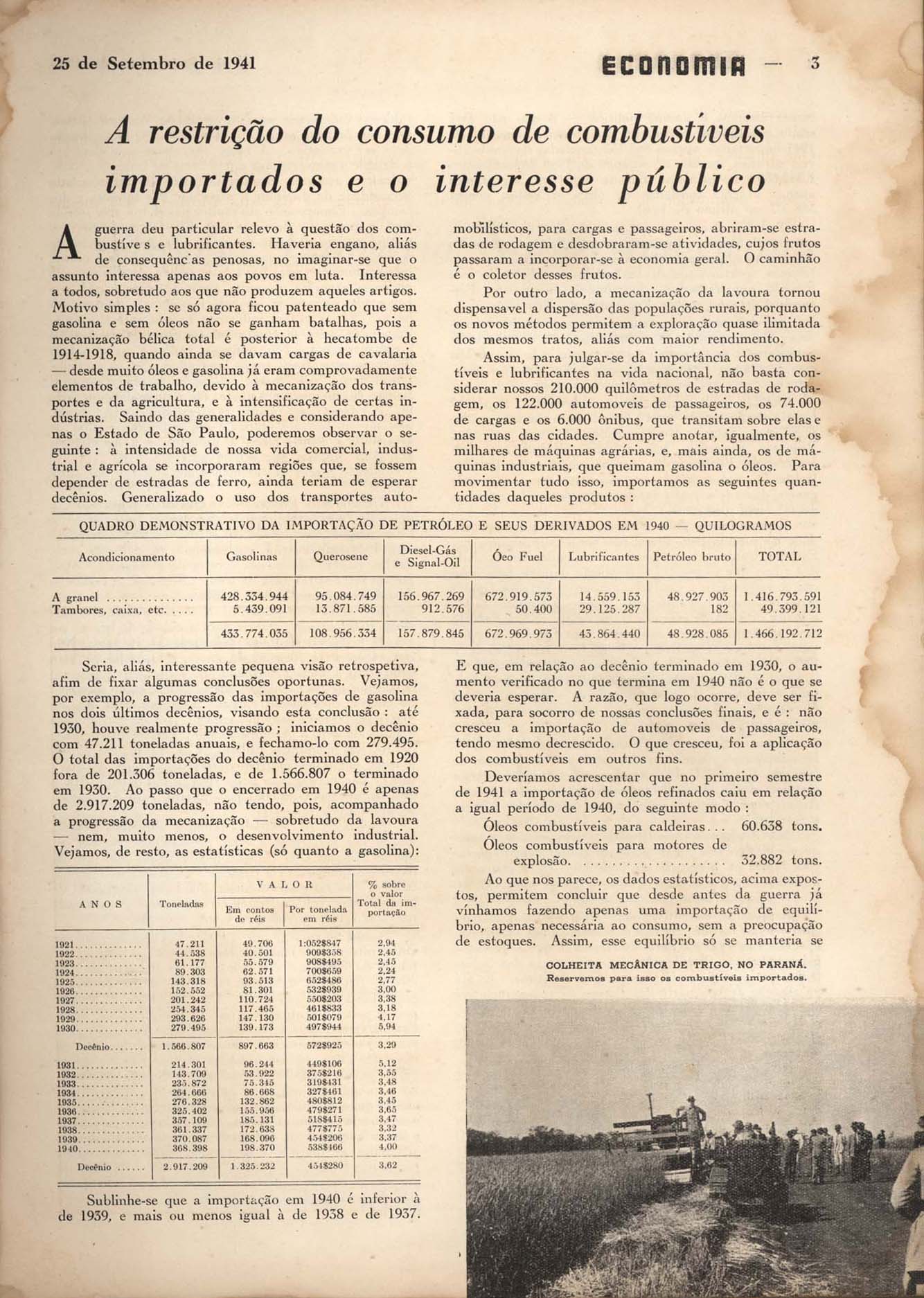 A RESTRIÇÃO do consumo de combustíveis importados e o interesse público. Economia, Rio de Janeiro, n. 28, p. 3-4, set. 1941.