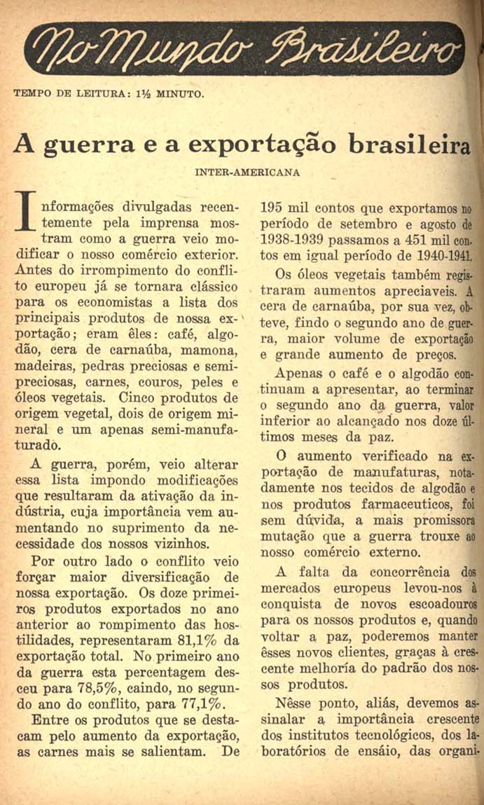 A GUERRA e a exportação brasileira. Hoje, São Paulo, n. 46, p. 52-53,  1941.