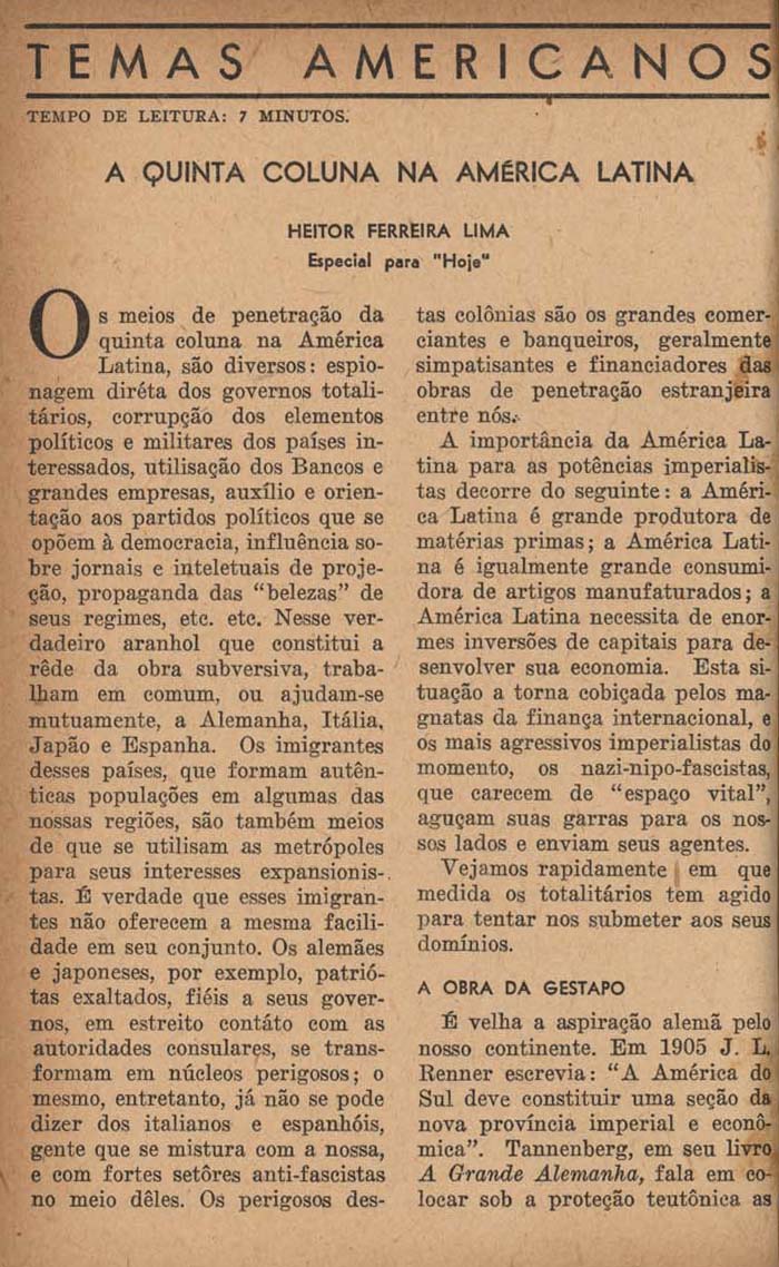 LIMA, Heitor Pereira. A quinta coluna na América Latina. Hoje, São Paulo, n. 59, p. 16-19, dez. 1942.