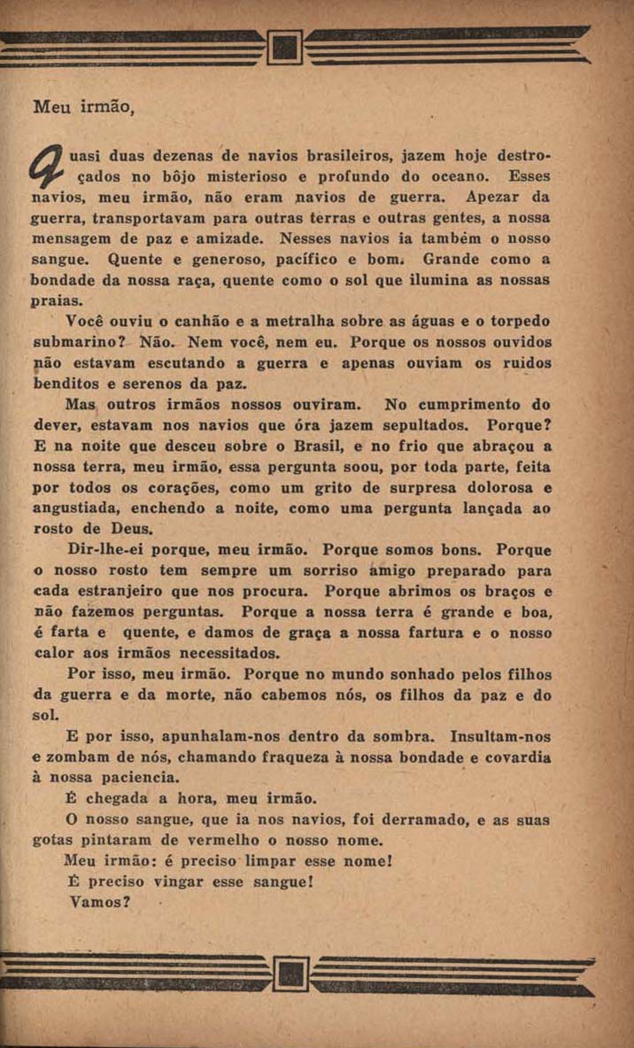 [CARTA anônima aos brasileiros]. Hoje, São Paulo, n. 56, set. 1942.