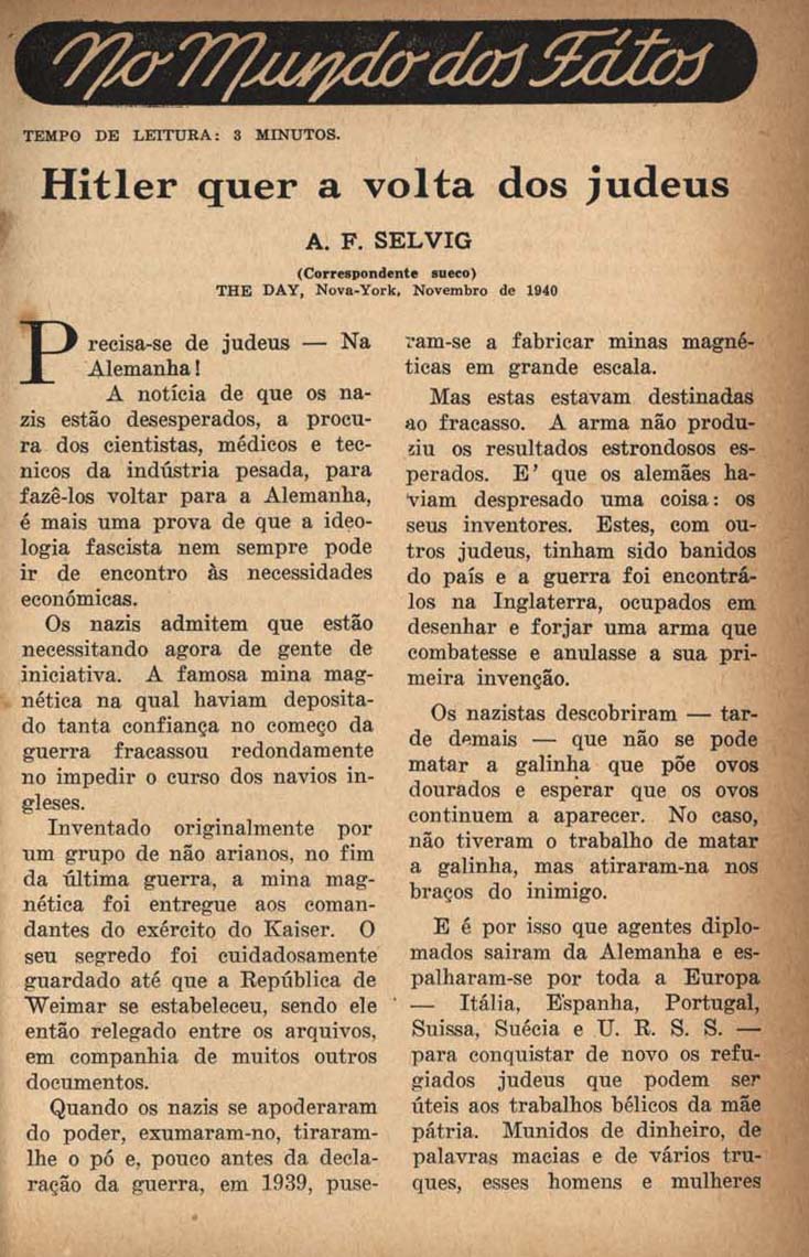 SELVIG, A. F. Hoje, São Paulo, n. 36, p. 7-9, jan. 1941.