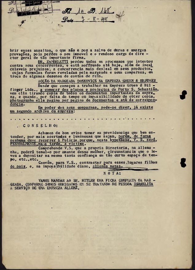 DEOPS. Prontuário n. 168. Hildegard Boskovics. São Paulo, APESP, 26 fev. 1946, 36 p.