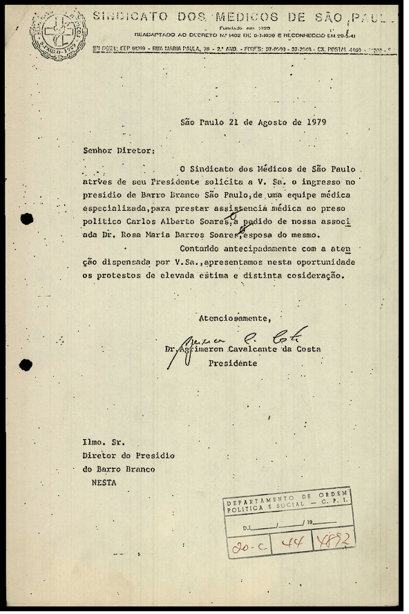 Solicitação do sindicato dos médicos de São Paulo ao Barro Branco pedindo atendimento ao preso político Carlos Alberto Soares - 20-C-44-4892 – página 1