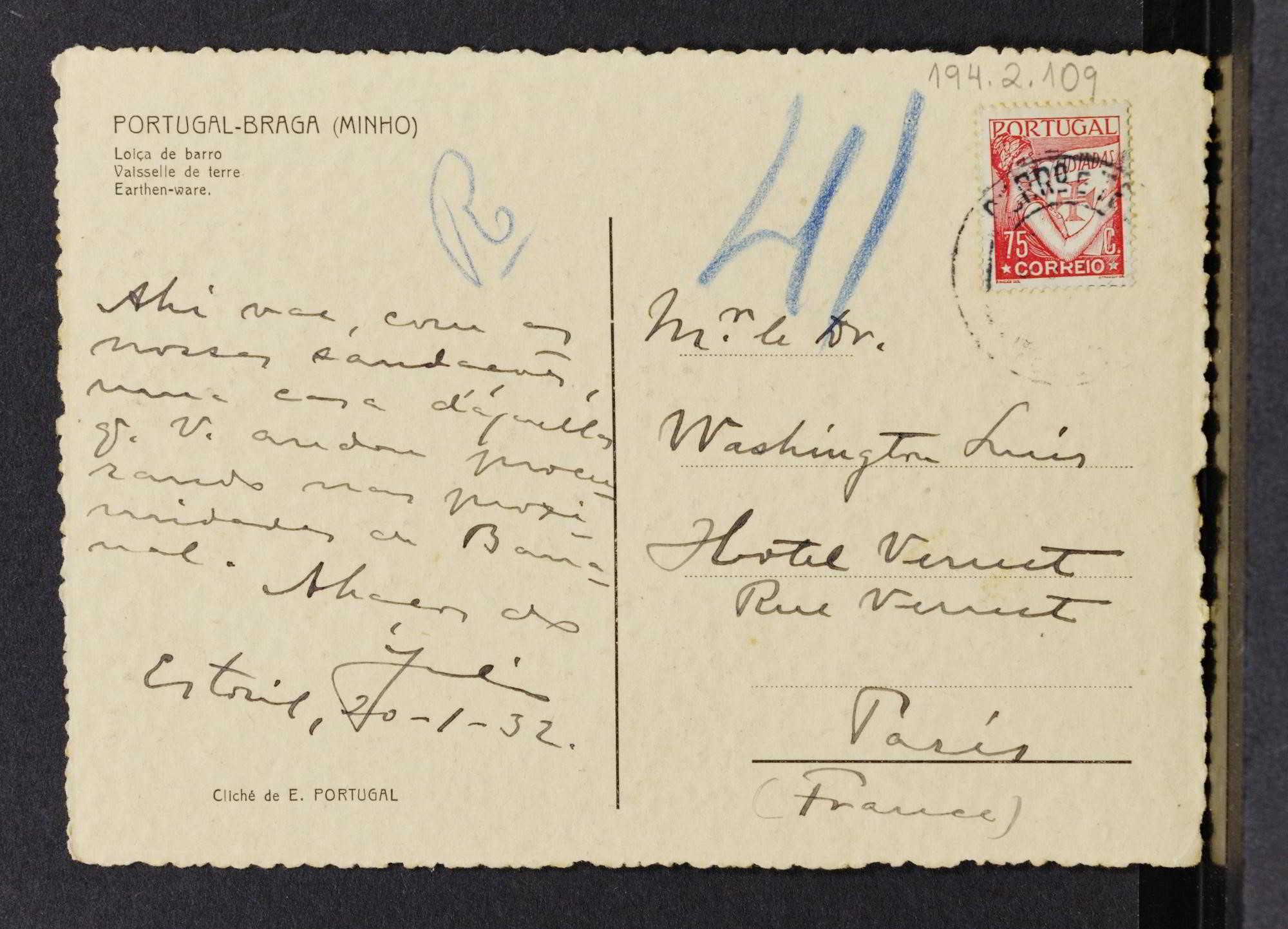Figura 1: Fac-símile de cartão-postal de Júlio Prestes a Washington Luís (20/01/1932), Arquivo do Estado de São Paulo (APWL 194.2.109). Autor da Imagem: Flávio Morbach Portella (2013).