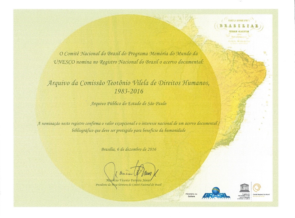 Nominação do acervo documental Arquivo da Comissão Teotônio Vilela de Direitos Humanos, 1983-2016 pelo Comitê Nacional do Brasil do Programa Memória do Mundo da UNESCO no Registro Nacional do Brasil