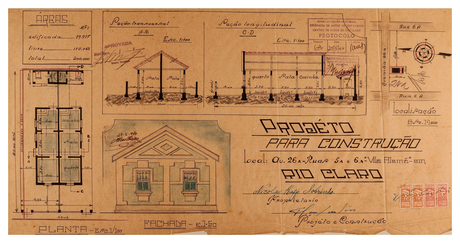 Notação: APHRC_FPMRC_PCOP_1946_222. Projeto para Construção. Fundo da Prefeitura Municipal de Rio Claro, 1946. Série Processos de Construção de Obras Particulares. Acervo Arquivo Público e Histórico do Município de Rio Claro – APHRC.