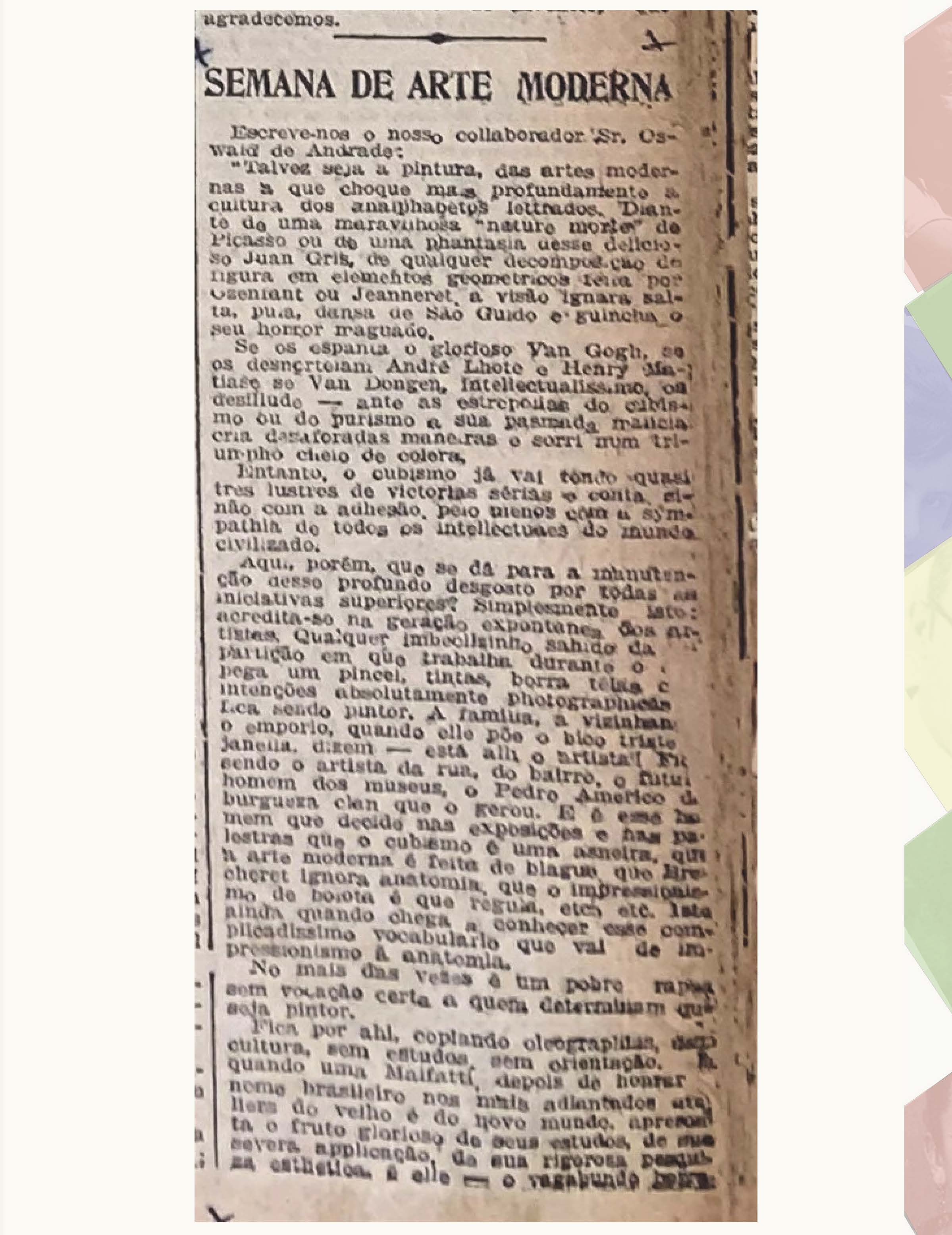 Oswald de Andrade. Semana de Arte Moderna. Jornal do Commercio. São Paulo, quinta feira, 09 de fevereiro de 1922. Anno VI, nº 100, pag.5. Cod.26/032 Jornal do Commercio - Jan. a Fev. 1922. Acervo Núcleo de Biblioteca e Hemeroteca do Apesp.